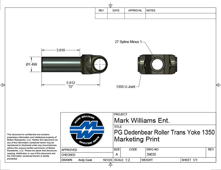 Mark Williams Powerglide with Roller Bearing Tailhousing 1350 series 27 spline Transmission slip yoke (PN: 39035)