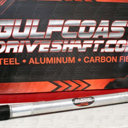 Aluminum slip shaft for 2016-2020 Ford Mustang GT350, featuring a polished finish and a red and black branded background.