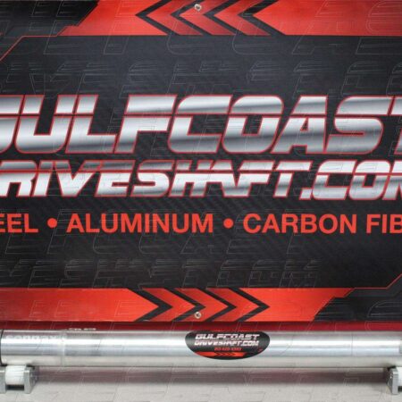 Aluminum driveshaft for 2011-2014 Ford Mustang GT, featuring a sleek, silver finish and robust non-greaseable U-joints.