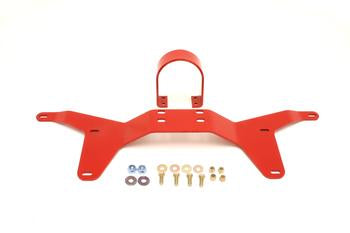 Red rear driveshaft safety loop with mounting bracket and hardware, designed for 2005-2014 Mustang, ensuring NHRA compliance.